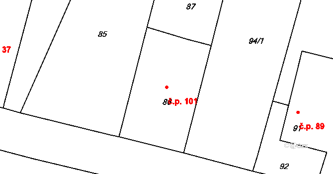 Polom 101 na parcele st. 86 v KÚ Polom u Hranic, Katastrální mapa