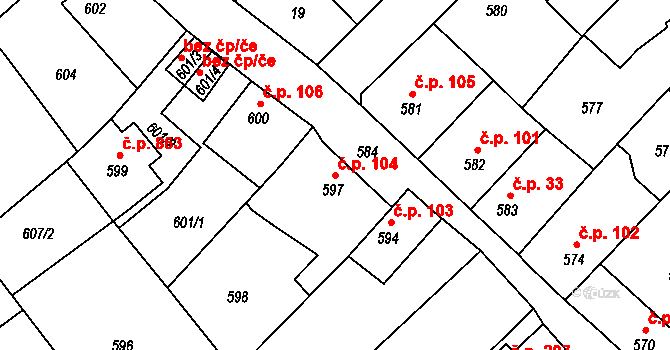 Uhlířské Janovice 104 na parcele st. 597 v KÚ Uhlířské Janovice, Katastrální mapa