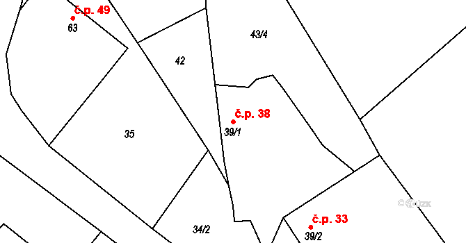 Žíšov 38, Vavřinec na parcele st. 39/1 v KÚ Žíšov, Katastrální mapa