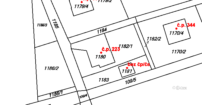 Kunčičky u Bašky 223, Baška na parcele st. 1180 v KÚ Kunčičky u Bašky, Katastrální mapa