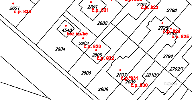 Čelákovice 832 na parcele st. 2805 v KÚ Čelákovice, Katastrální mapa