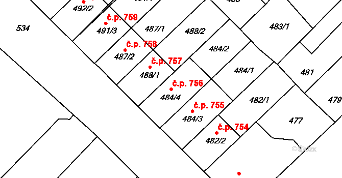Lužice 756 na parcele st. 484/4 v KÚ Lužice u Hodonína, Katastrální mapa