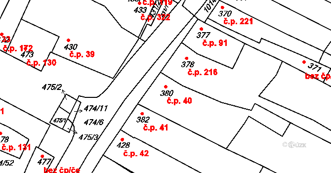 Milokošť 40, Veselí nad Moravou na parcele st. 380 v KÚ Milokošť, Katastrální mapa
