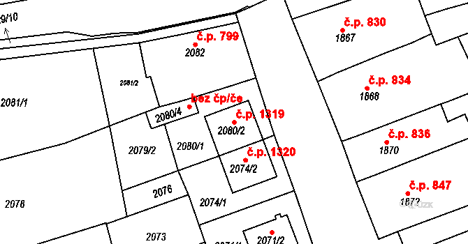 Slavíkovice 1319, Rousínov na parcele st. 2080/2 v KÚ Rousínov u Vyškova, Katastrální mapa