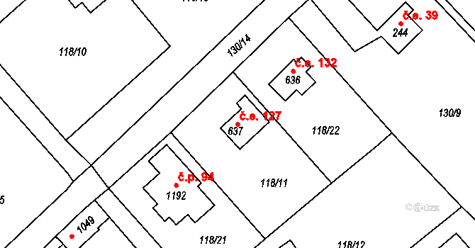 Javorník 127, Čtyřkoly na parcele st. 637 v KÚ Čtyřkoly, Katastrální mapa