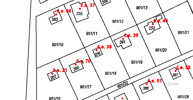 Loutí 38, Rabyně na parcele st. 256 v KÚ Rabyně, Katastrální mapa