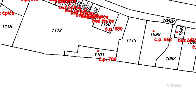 Švermov 706, Kladno na parcele st. 1101 v KÚ Motyčín, Katastrální mapa