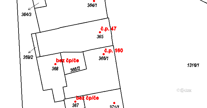 Tuchlovice 160 na parcele st. 366/1 v KÚ Tuchlovice, Katastrální mapa