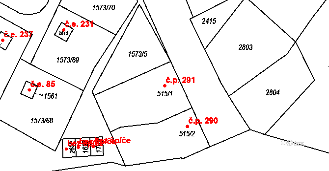 Třebechovice pod Orebem 291 na parcele st. 515/1 v KÚ Třebechovice pod Orebem, Katastrální mapa