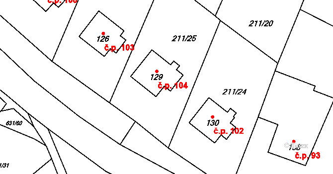 Bouzov 104 na parcele st. 129 v KÚ Bouzov, Katastrální mapa