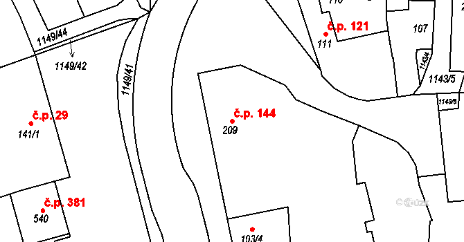 Senice na Hané 144 na parcele st. 209 v KÚ Senice na Hané, Katastrální mapa