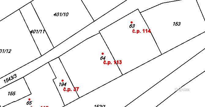 Senomaty 113 na parcele st. 64 v KÚ Senomaty, Katastrální mapa