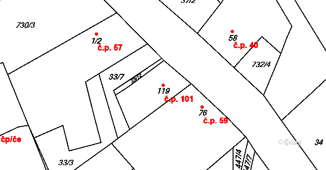 Cholenice 101 na parcele st. 119 v KÚ Cholenice, Katastrální mapa