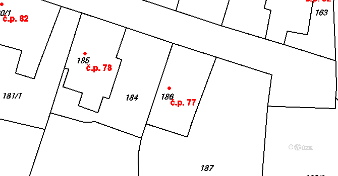 Milíčeves 77, Slatiny na parcele st. 186 v KÚ Milíčeves, Katastrální mapa