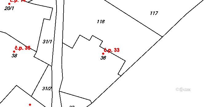 Vřesník 33 na parcele st. 36 v KÚ Vřesník u Tetína, Katastrální mapa