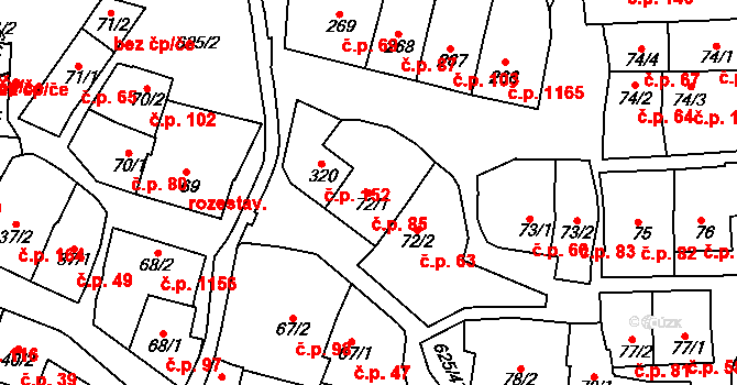 Podklášteří 85, Třebíč na parcele st. 72/1 v KÚ Podklášteří, Katastrální mapa