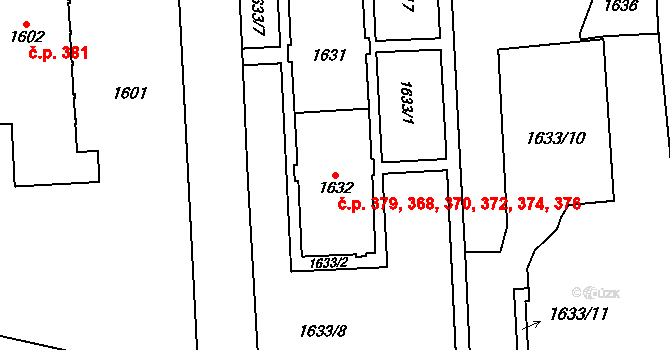 Štýřice 368,370,372,374,376,, Brno na parcele st. 1632 v KÚ Štýřice, Katastrální mapa