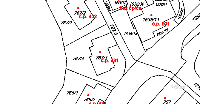 Pisárky 431, Brno na parcele st. 767/3 v KÚ Pisárky, Katastrální mapa