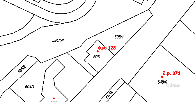 Ráj 123, Karviná na parcele st. 606 v KÚ Ráj, Katastrální mapa