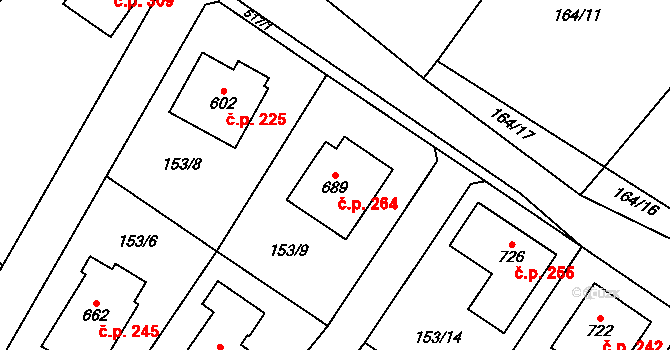 Jevany 264 na parcele st. 689 v KÚ Jevany, Katastrální mapa