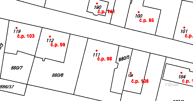 Zavidov 98 na parcele st. 111 v KÚ Zavidov, Katastrální mapa