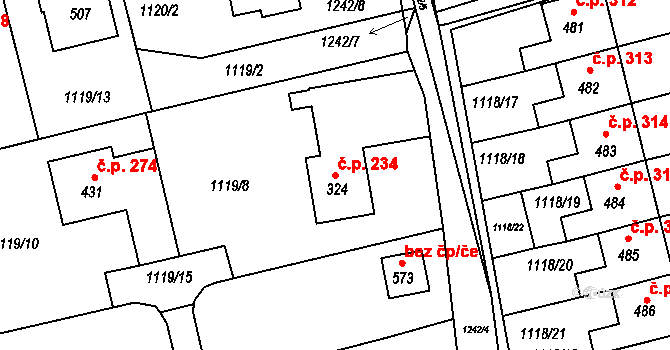 Kvasiny 234 na parcele st. 324 v KÚ Kvasiny, Katastrální mapa