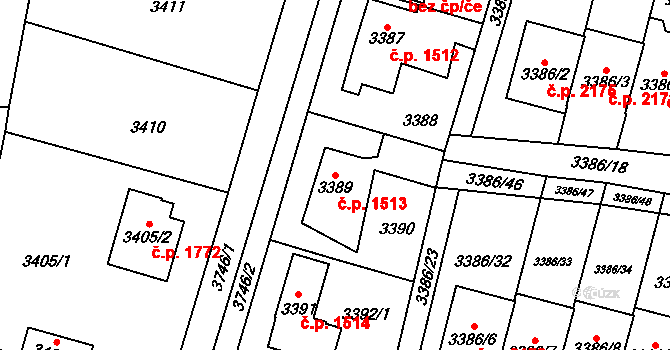 Horní Počernice 1513, Praha na parcele st. 3389 v KÚ Horní Počernice, Katastrální mapa