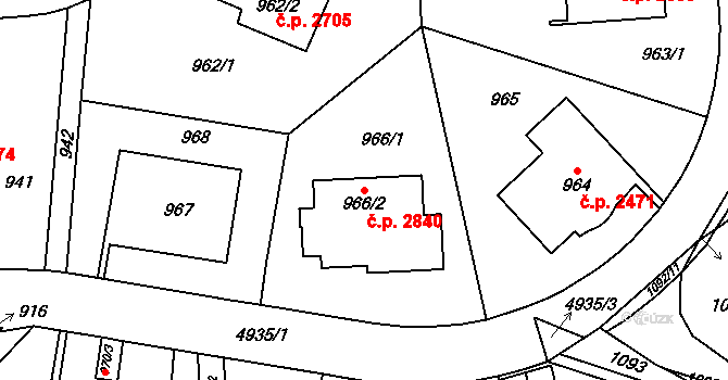 Smíchov 2840, Praha na parcele st. 966/2 v KÚ Smíchov, Katastrální mapa