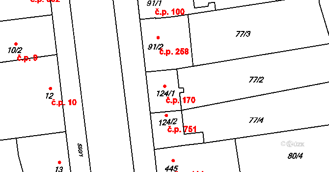 Nové Sady 170, Olomouc na parcele st. 124/1 v KÚ Nové Sady u Olomouce, Katastrální mapa