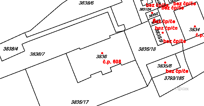 Chomutov 608 na parcele st. 3836 v KÚ Chomutov I, Katastrální mapa