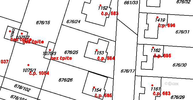 Rosice 584 na parcele st. 1153 v KÚ Rosice u Brna, Katastrální mapa