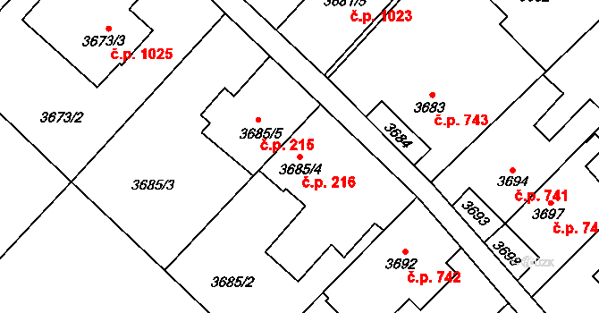 Fryštát 216, Karviná na parcele st. 3685/4 v KÚ Karviná-město, Katastrální mapa