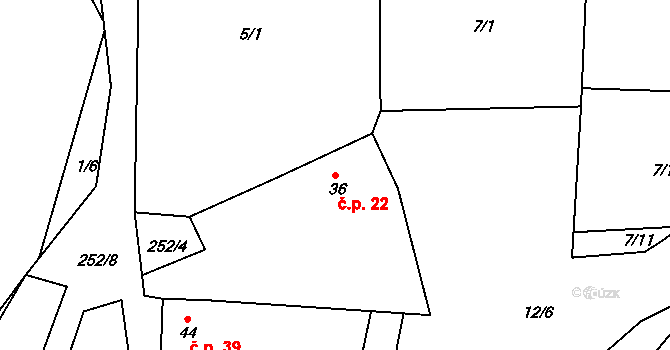 Bořetice 22, Červené Pečky na parcele st. 36 v KÚ Bořetice u Kolína, Katastrální mapa