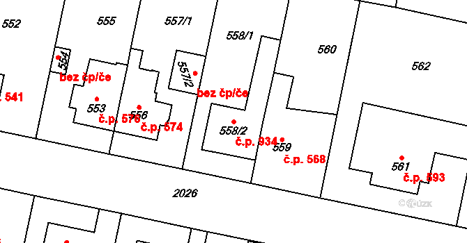 Kbely 934, Praha na parcele st. 558/2 v KÚ Kbely, Katastrální mapa