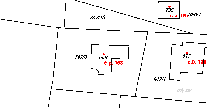 Kytín 163 na parcele st. 659 v KÚ Kytín, Katastrální mapa