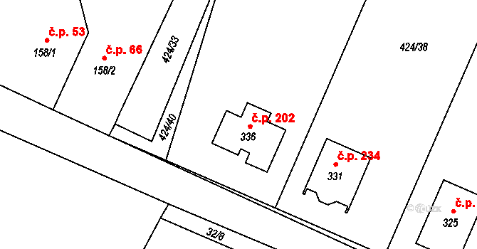 Březno 202 na parcele st. 336 v KÚ Březno u Mladé Boleslavi, Katastrální mapa