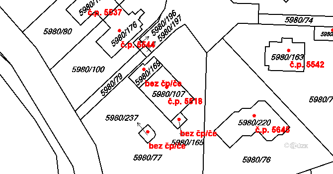 Chomutov 5518 na parcele st. 5980/107 v KÚ Chomutov I, Katastrální mapa