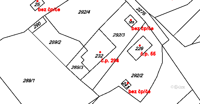 Lhota u Vsetína 294 na parcele st. 232 v KÚ Lhota u Vsetína, Katastrální mapa