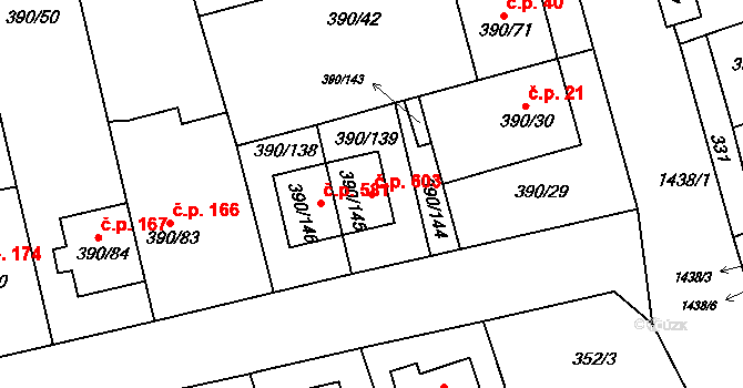 Moravany 603 na parcele st. 390/145 v KÚ Moravany u Brna, Katastrální mapa