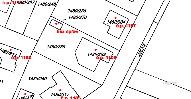 Bechyně 1106 na parcele st. 1480/283 v KÚ Bechyně, Katastrální mapa