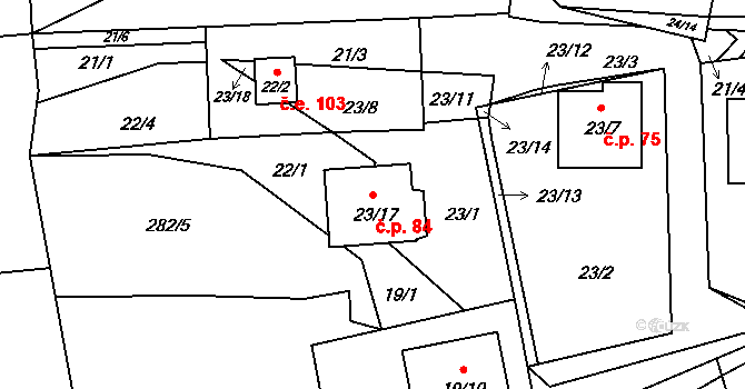 Chotovice 84 na parcele st. 23/17 v KÚ Chotovice u Nového Boru, Katastrální mapa