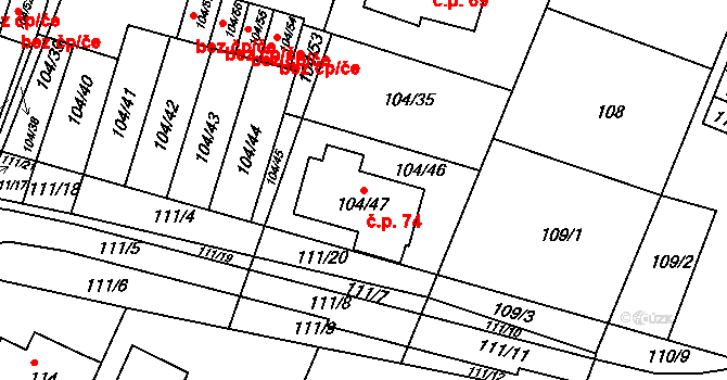 Práče 74 na parcele st. 104/47 v KÚ Práče, Katastrální mapa
