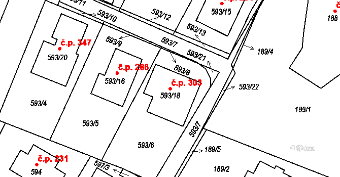 Proskovice 303, Ostrava na parcele st. 593/18 v KÚ Proskovice, Katastrální mapa