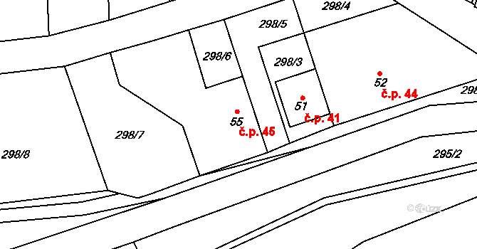 Čtyři Dvory 45, Prosetín na parcele st. 55 v KÚ Čtyři Dvory, Katastrální mapa