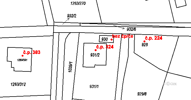 Hvozdná 324 na parcele st. 931/2 v KÚ Hvozdná, Katastrální mapa