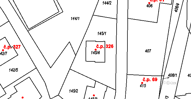 Horní Ves 326, Fryšták na parcele st. 145/4 v KÚ Horní Ves u Fryštáku, Katastrální mapa