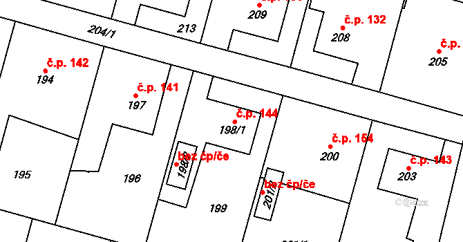 Zábřeh 144, Dolní Benešov na parcele st. 198/1 v KÚ Zábřeh u Hlučína, Katastrální mapa