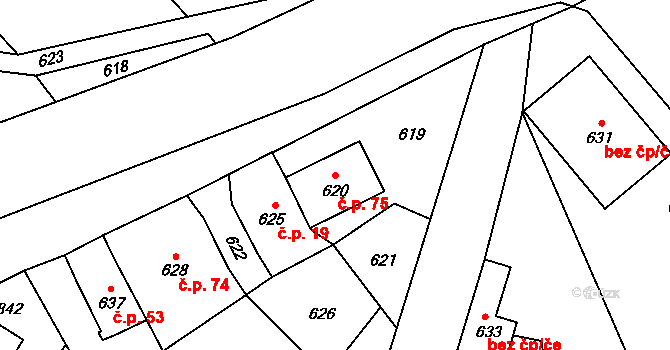 Žimrovice 75, Hradec nad Moravicí na parcele st. 620 v KÚ Žimrovice, Katastrální mapa