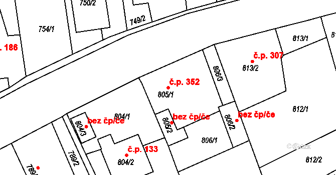 Píšť 352 na parcele st. 805/1 v KÚ Píšť, Katastrální mapa