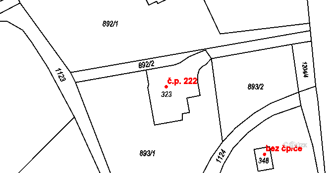 Horní Radechová 222 na parcele st. 323 v KÚ Horní Radechová, Katastrální mapa